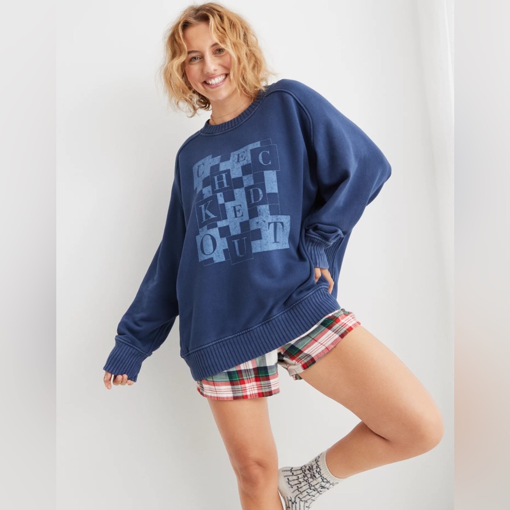 Aerie Down-To-Earth Crew Neck Sweatshirt Checked Out Navy Oversized Size XL